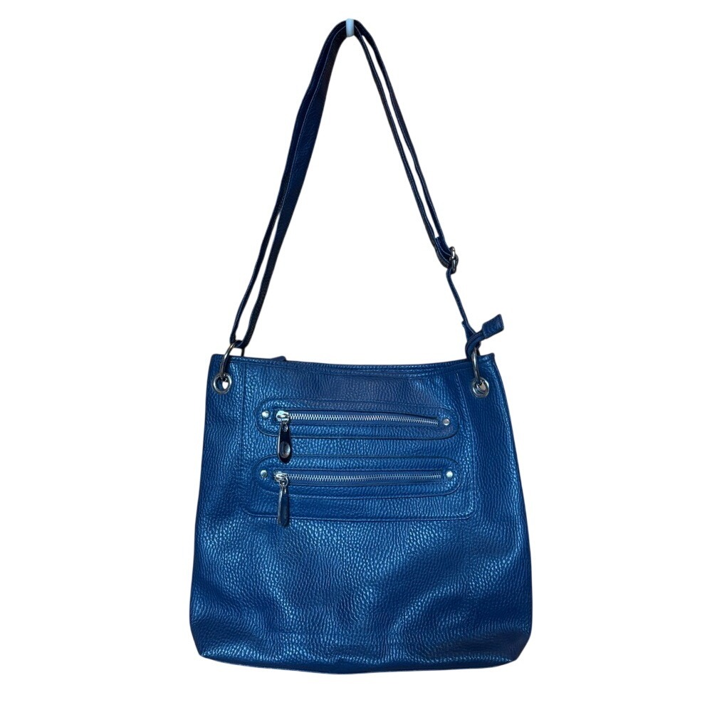 Blue Pebbled Faux Leather Crossbody Bag Multi Zipper Pocket Shoulder Bag